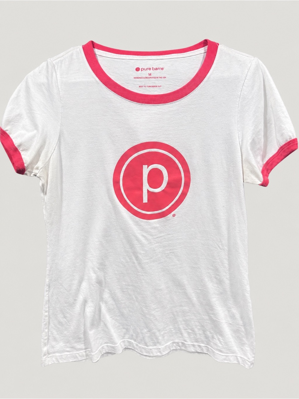 Pure Barre White Tee with Bright Red Trim and Logo